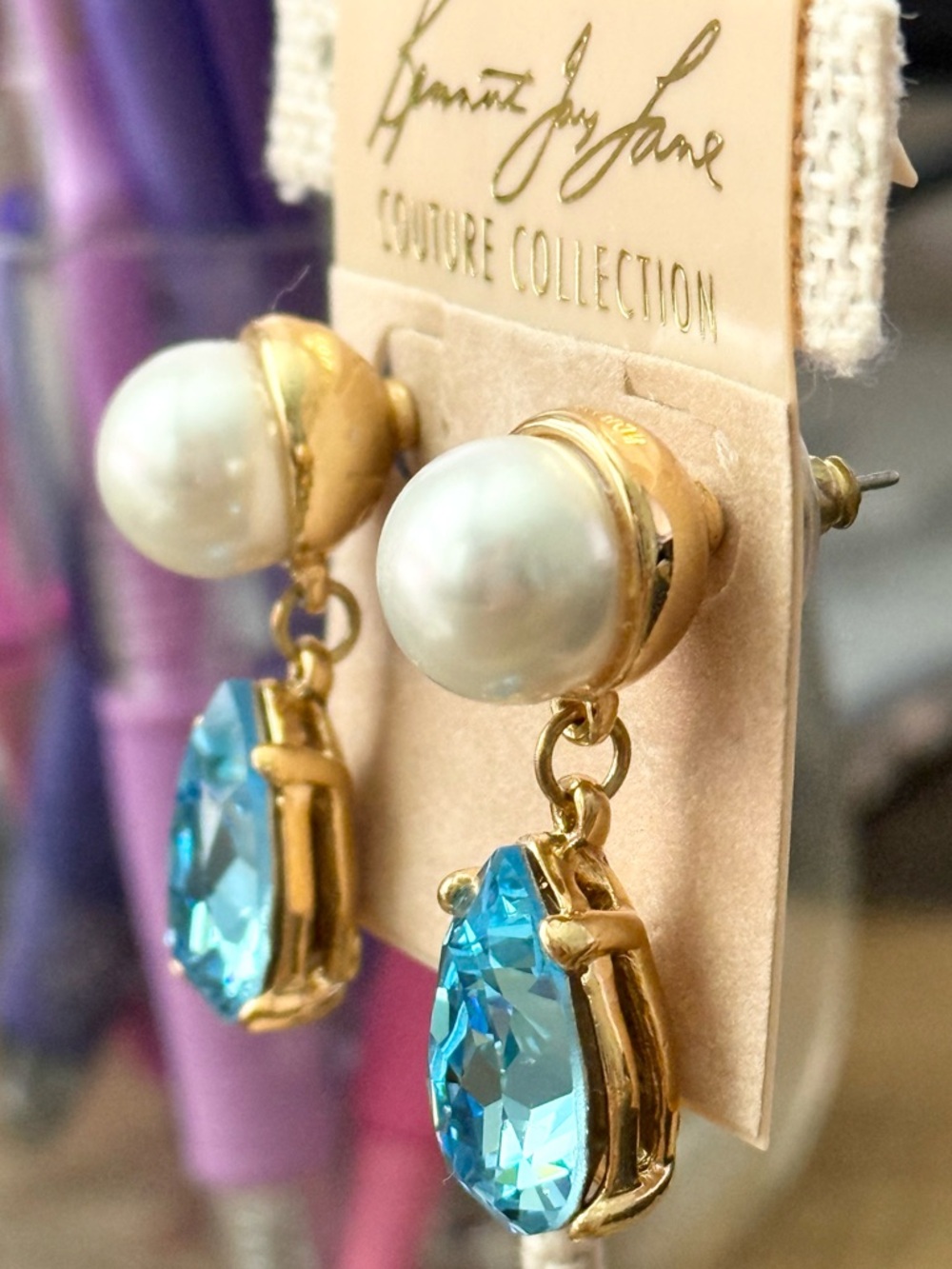 Kenneth Jay Lane Pearl and Aqua Gold-Tone Drop Earrings - Picture 5 of 6